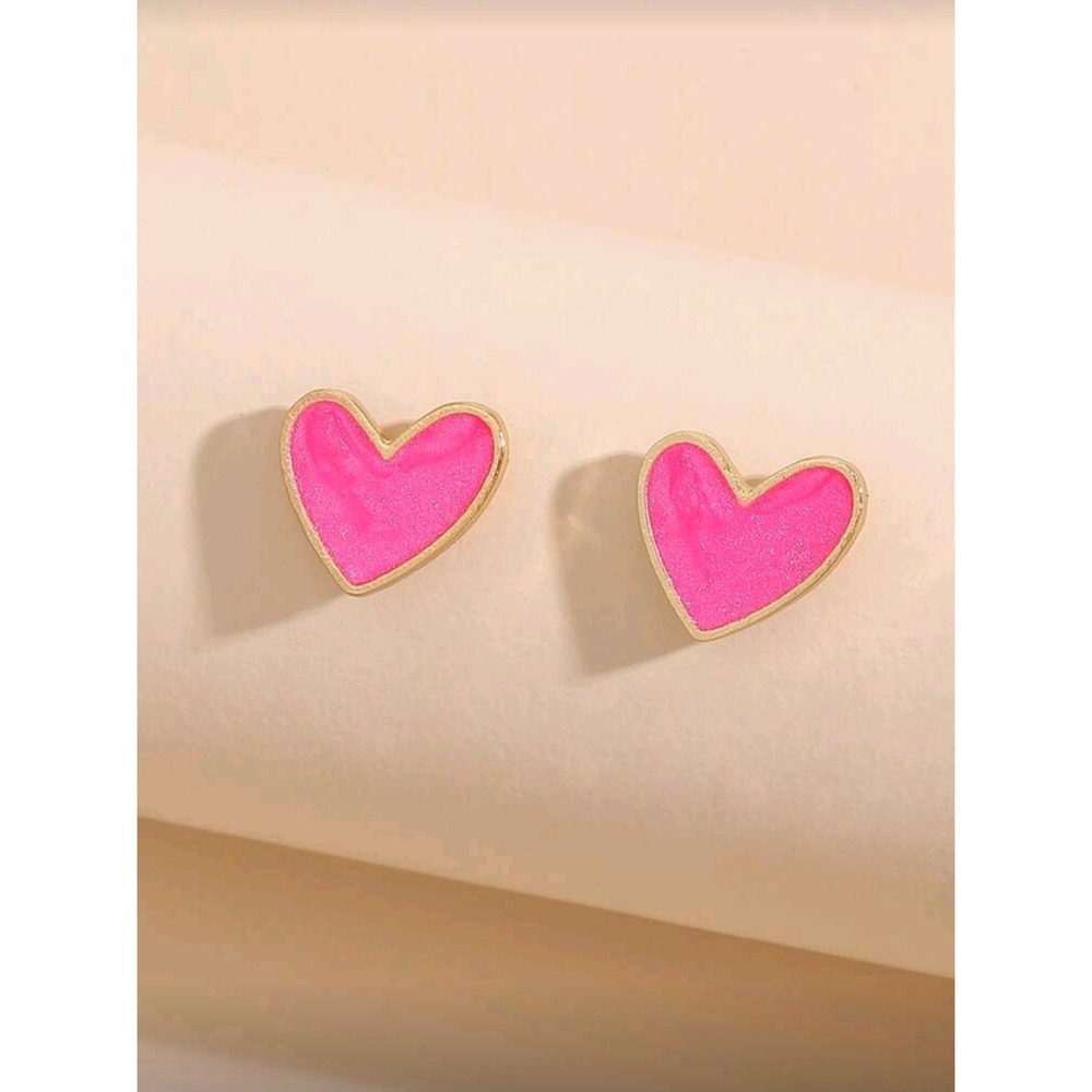 Heart Shape Pink Gold Trimmed Stud Earrings Pair Gift For Women Girls